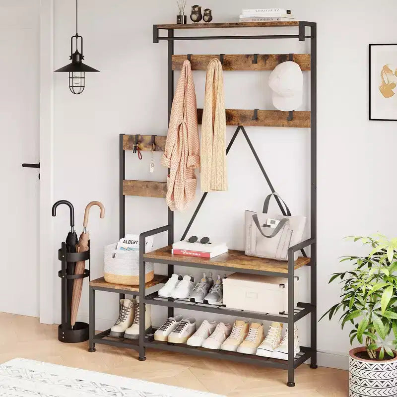 Hall Tree with Bench, Shoe Storage and Coat Rack