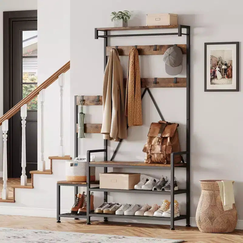 Hall Tree with Bench, Shoe Storage and Coat Rack