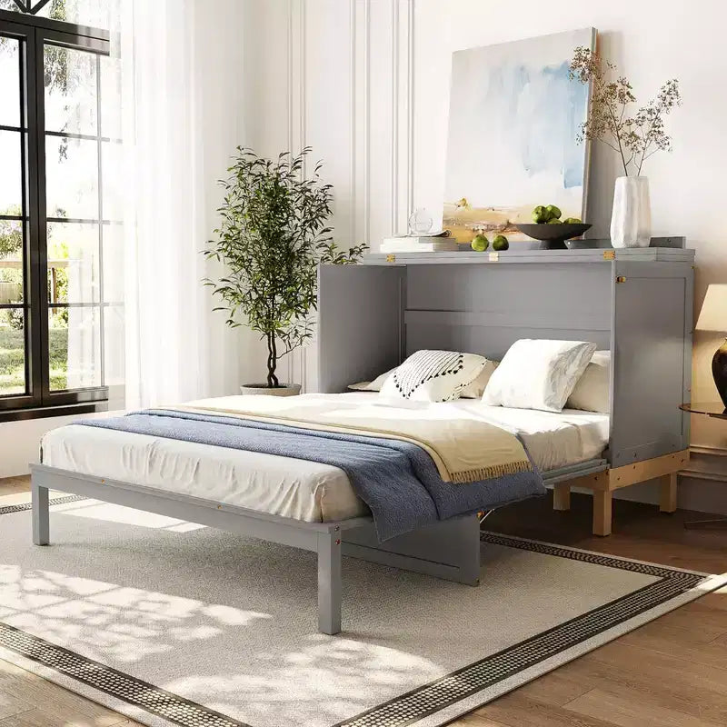 Queen Size Murphy Bed with Cabinet and Storage Drawer