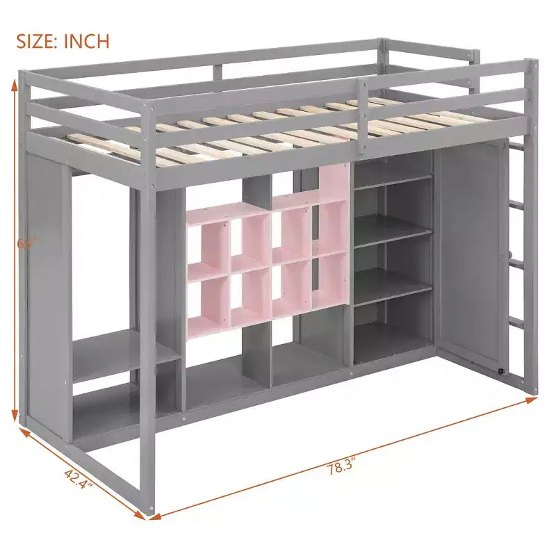 Twin Size Wood Loft Bed with Wardrobe, Shelves and Cabinet