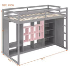Twin Size Wood Loft Bed with Wardrobe, Shelves and Cabinet
