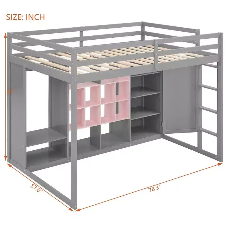 Twin Size Wood Loft Bed with Wardrobe, Shelves and Cabinet