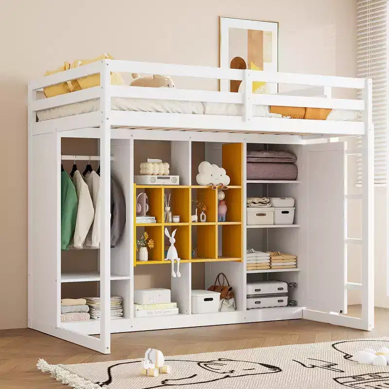 Twin Size Wood Loft Bed with Wardrobe, Shelves and Cabinet
