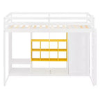 Twin Size Wood Loft Bed with Wardrobe, Shelves and Cabinet