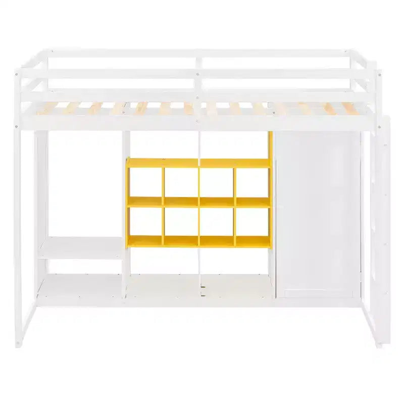 Twin Size Wood Loft Bed with Wardrobe, Shelves and Cabinet