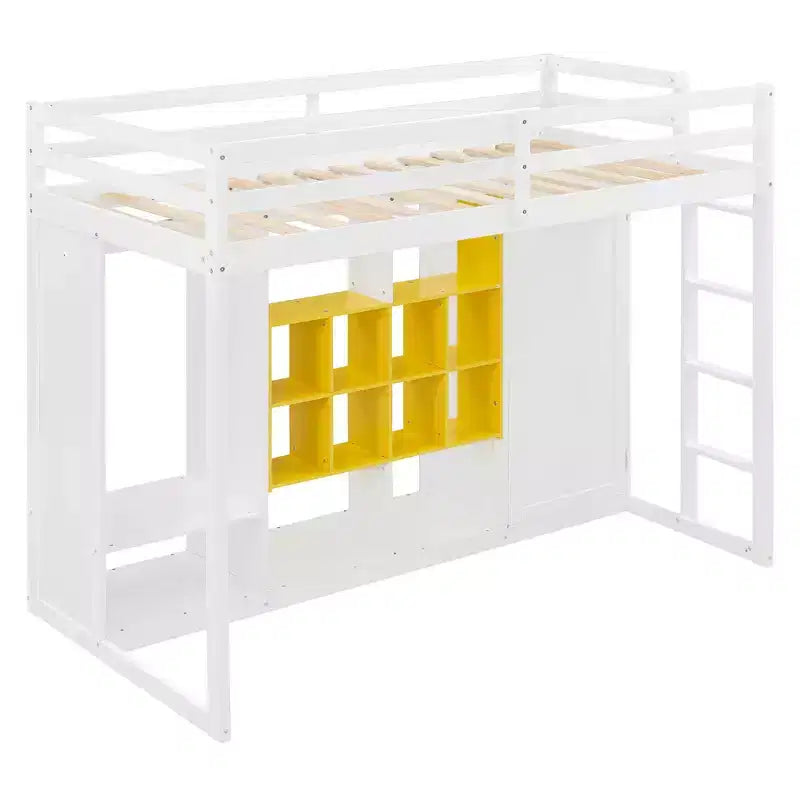 Twin Size Wood Loft Bed with Wardrobe, Shelves and Cabinet