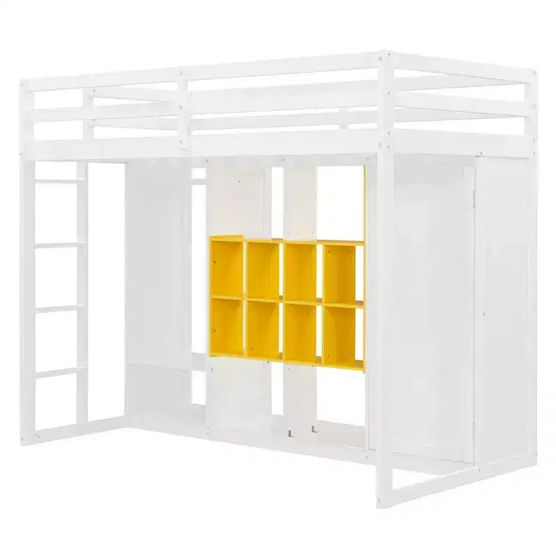 Twin Size Wood Loft Bed with Wardrobe, Shelves and Cabinet