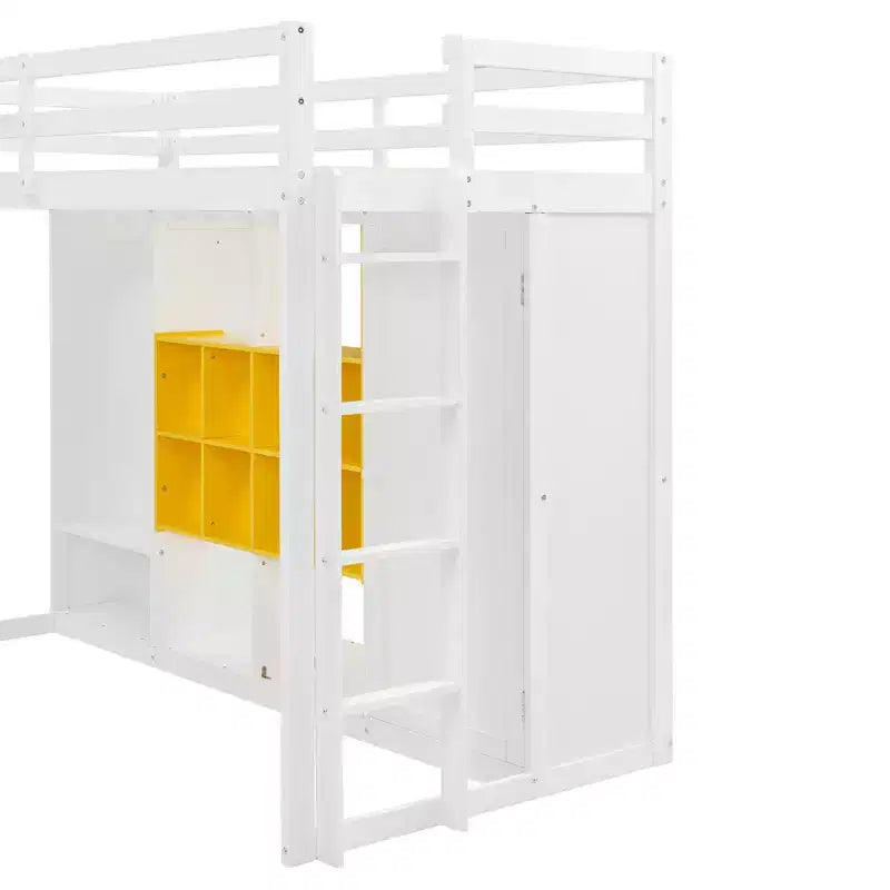Twin Size Wood Loft Bed with Wardrobe, Shelves and Cabinet