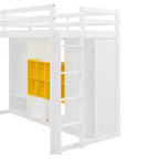 Twin Size Wood Loft Bed with Wardrobe, Shelves and Cabinet