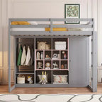 Twin Size Wood Loft Bed with Wardrobe, Shelves and Cabinet