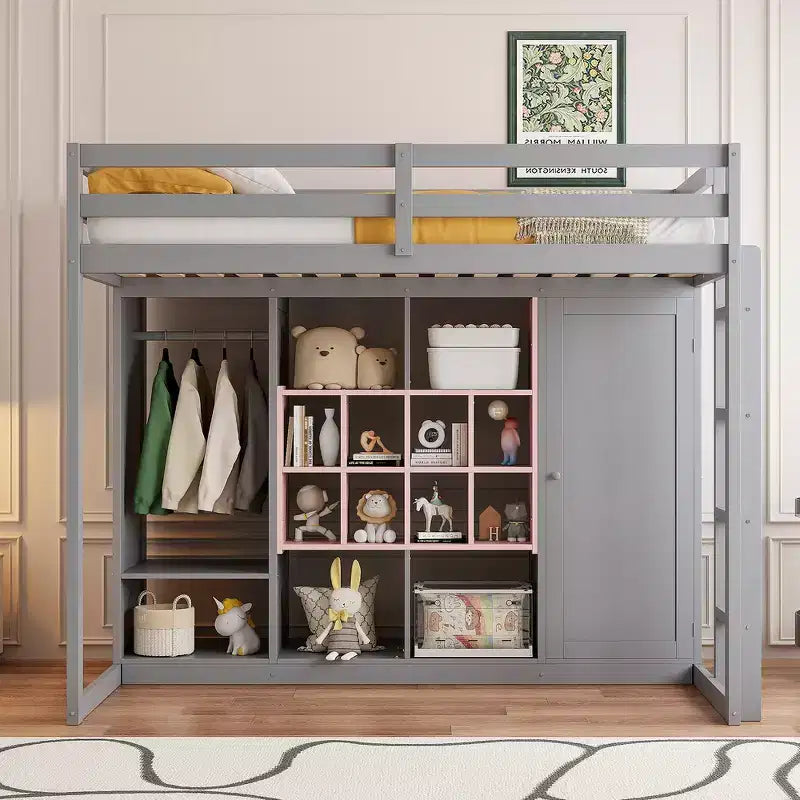 Twin Size Wood Loft Bed with Wardrobe, Shelves and Cabinet