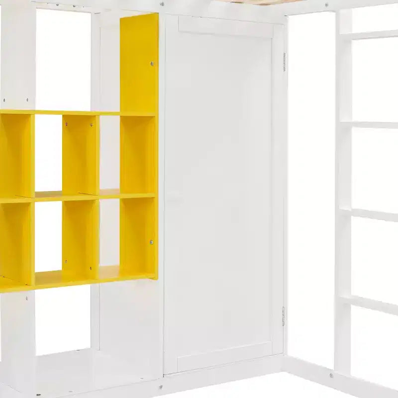 Twin Size Wood Loft Bed with Wardrobe, Shelves and Cabinet