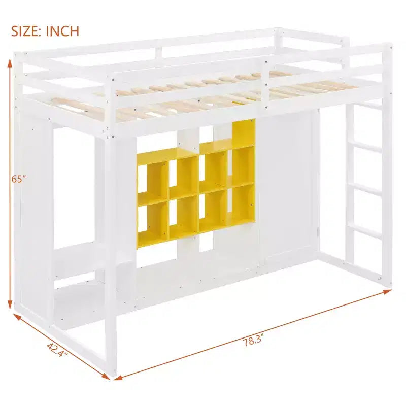 Twin Size Wood Loft Bed with Wardrobe, Shelves and Cabinet