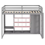 Twin Size Wood Loft Bed with Wardrobe, Shelves and Cabinet
