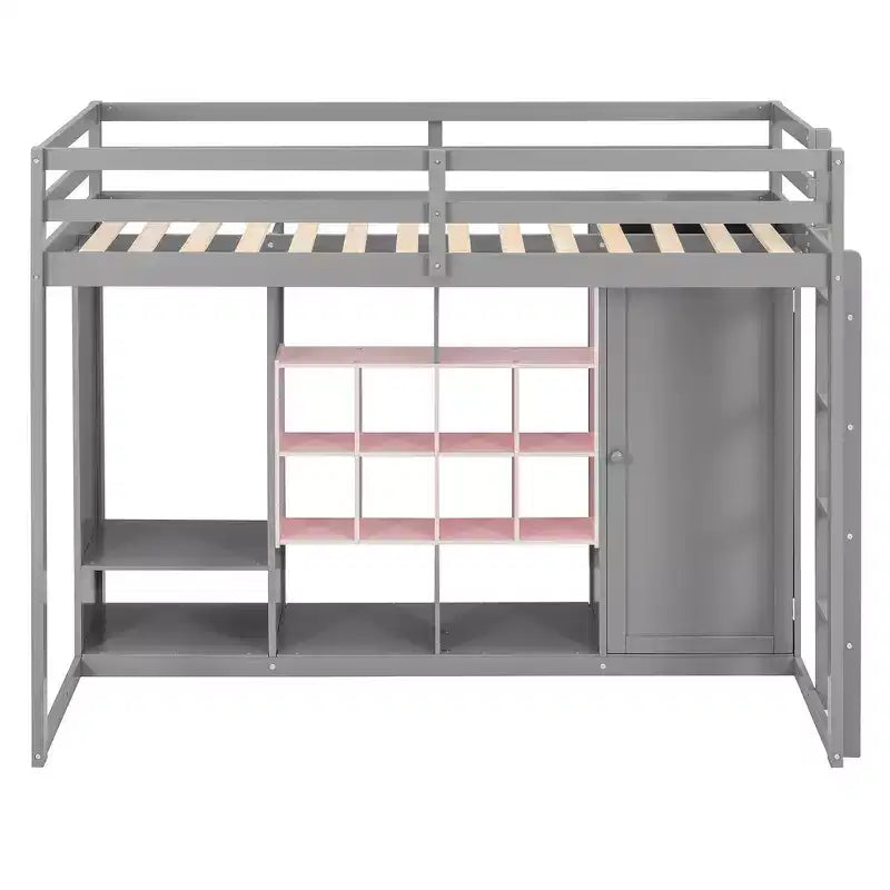Twin Size Wood Loft Bed with Wardrobe, Shelves and Cabinet