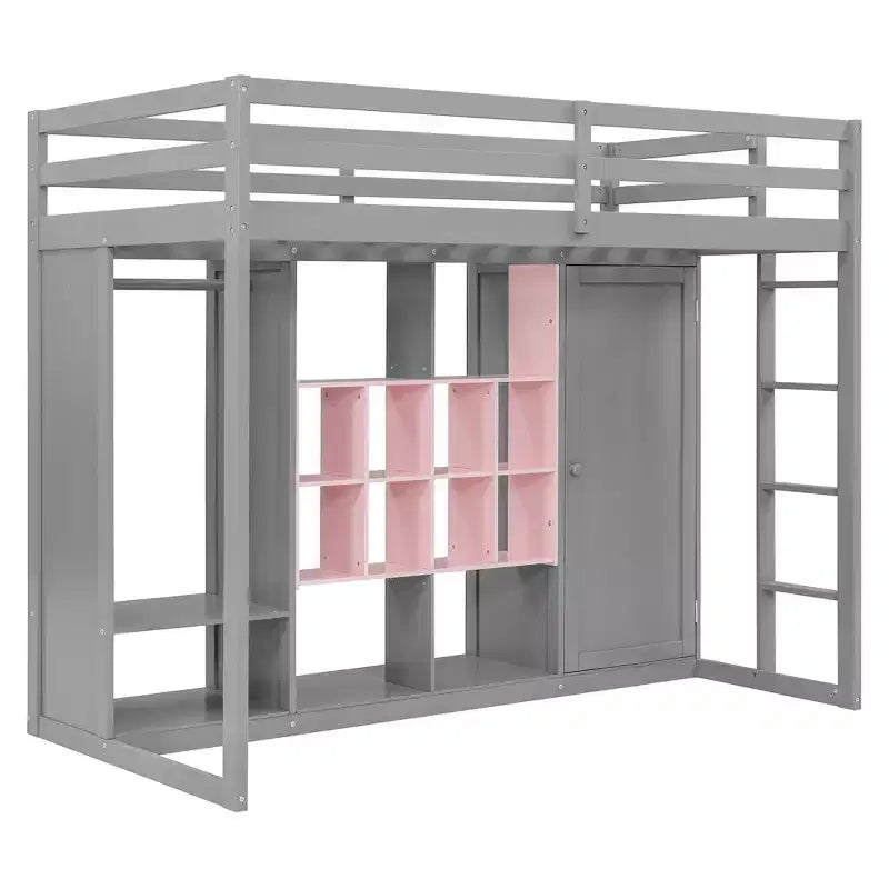 Twin Size Wood Loft Bed with Wardrobe, Shelves and Cabinet