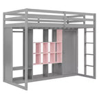 Twin Size Wood Loft Bed with Wardrobe, Shelves and Cabinet