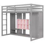 Twin Size Wood Loft Bed with Wardrobe, Shelves and Cabinet