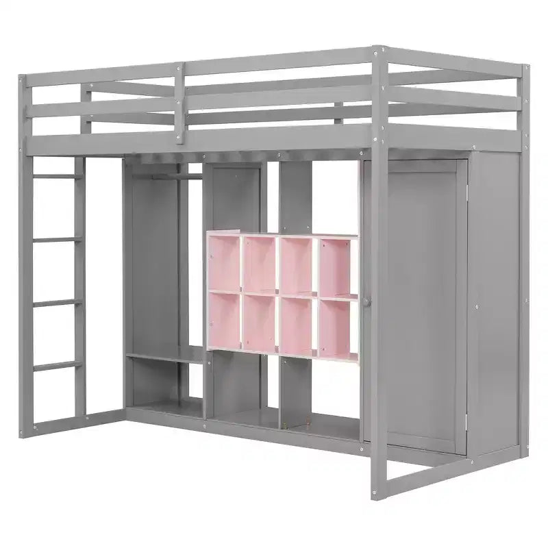 Twin Size Wood Loft Bed with Wardrobe, Shelves and Cabinet