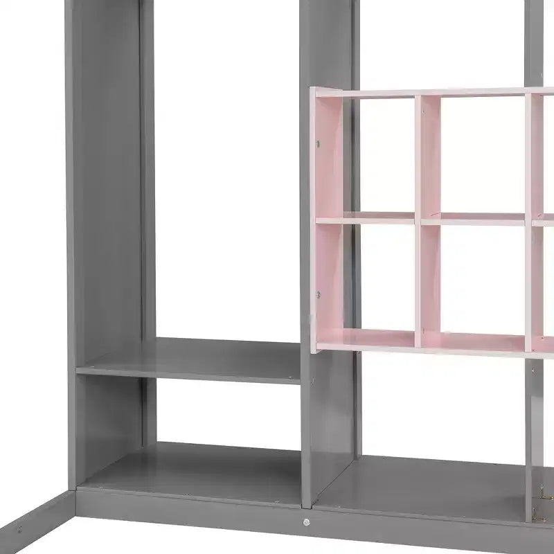 Twin Size Wood Loft Bed with Wardrobe, Shelves and Cabinet