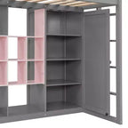 Twin Size Wood Loft Bed with Wardrobe, Shelves and Cabinet