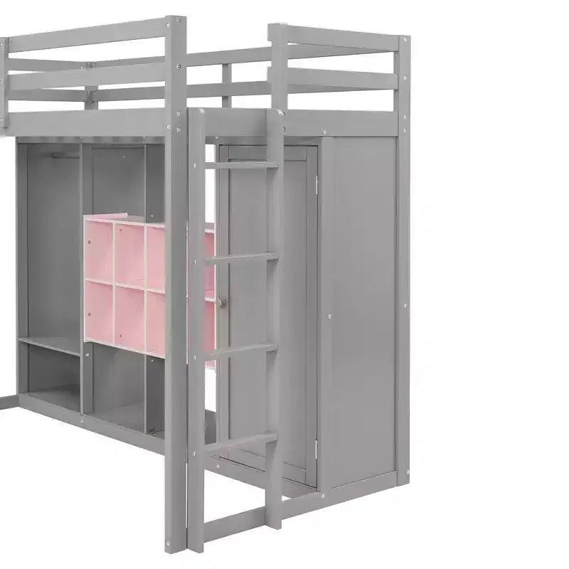 Twin Size Wood Loft Bed with Wardrobe, Shelves and Cabinet