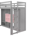 Twin Size Wood Loft Bed with Wardrobe, Shelves and Cabinet