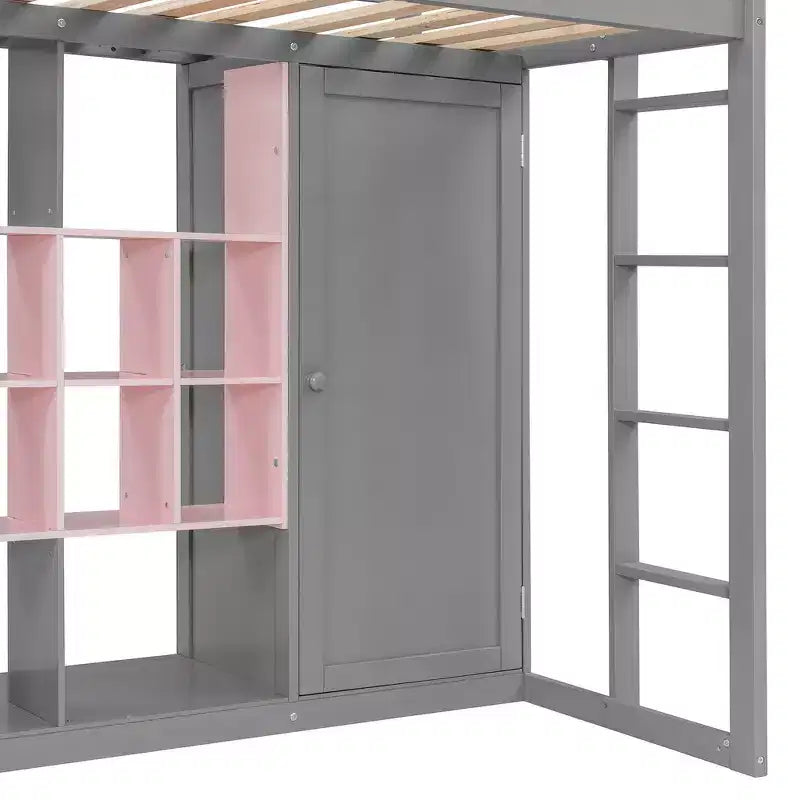 Twin Size Wood Loft Bed with Wardrobe, Shelves and Cabinet