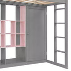 Twin Size Wood Loft Bed with Wardrobe, Shelves and Cabinet