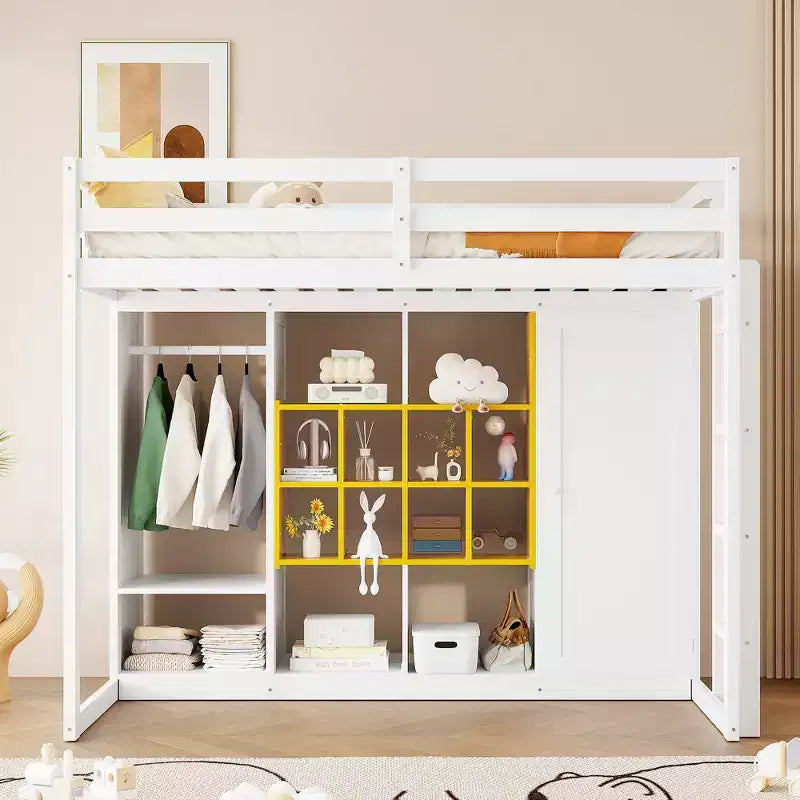 Twin Size Wood Loft Bed with Wardrobe, Shelves and Cabinet
