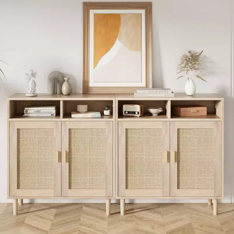 2-Door Rattan Sideboard Cabinet with Shelves, 36 Inches Tall