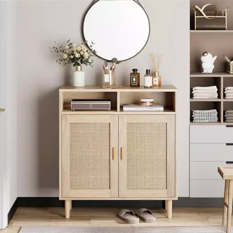2-Door Rattan Sideboard Cabinet with Shelves, 36 Inches Tall