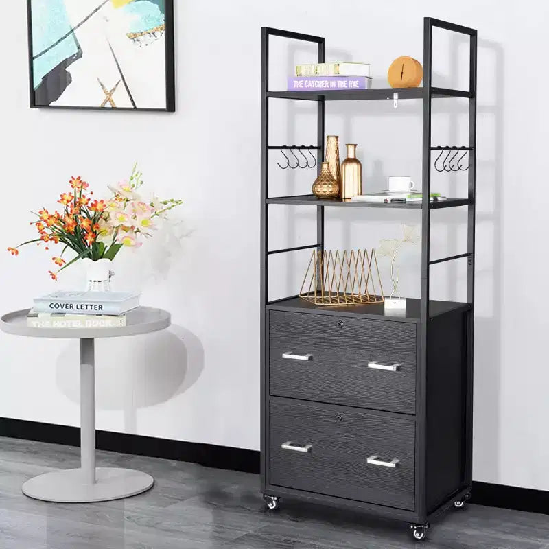Tall 2-Drawer File Cabinet with Lock, Shelves and Rolling Wheels for Home Office, Black
