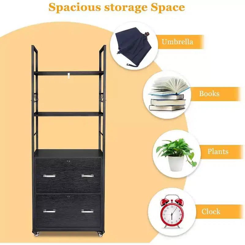 Tall 2-Drawer File Cabinet with Lock, Shelves and Rolling Wheels for Home Office, Black
