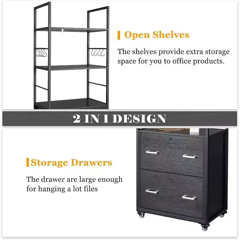 Tall 2-Drawer File Cabinet with Lock, Shelves and Rolling Wheels for Home Office, Black
