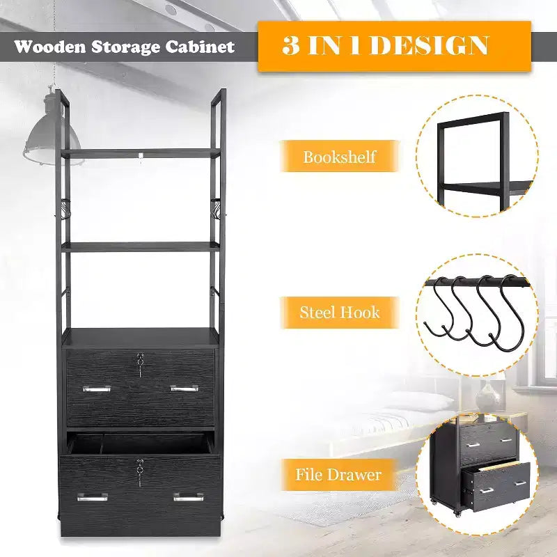 Tall 2-Drawer File Cabinet with Lock, Shelves and Rolling Wheels for Home Office, Black