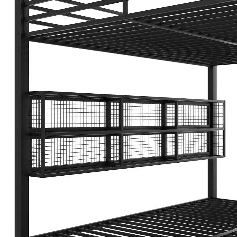 Metal Queen over Queen Bunk Bed with Storage Cabinets, LED Lighting and Guard Rails - Black