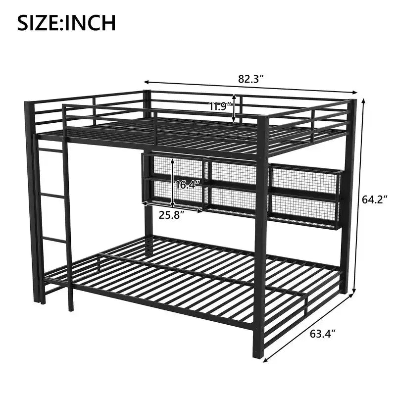 Metal Queen over Queen Bunk Bed with Storage Cabinets, LED Lighting and Guard Rails - Black