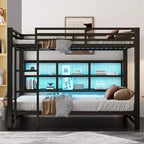 Metal Queen over Queen Bunk Bed with Storage Cabinets, LED Lighting and Guard Rails - Black