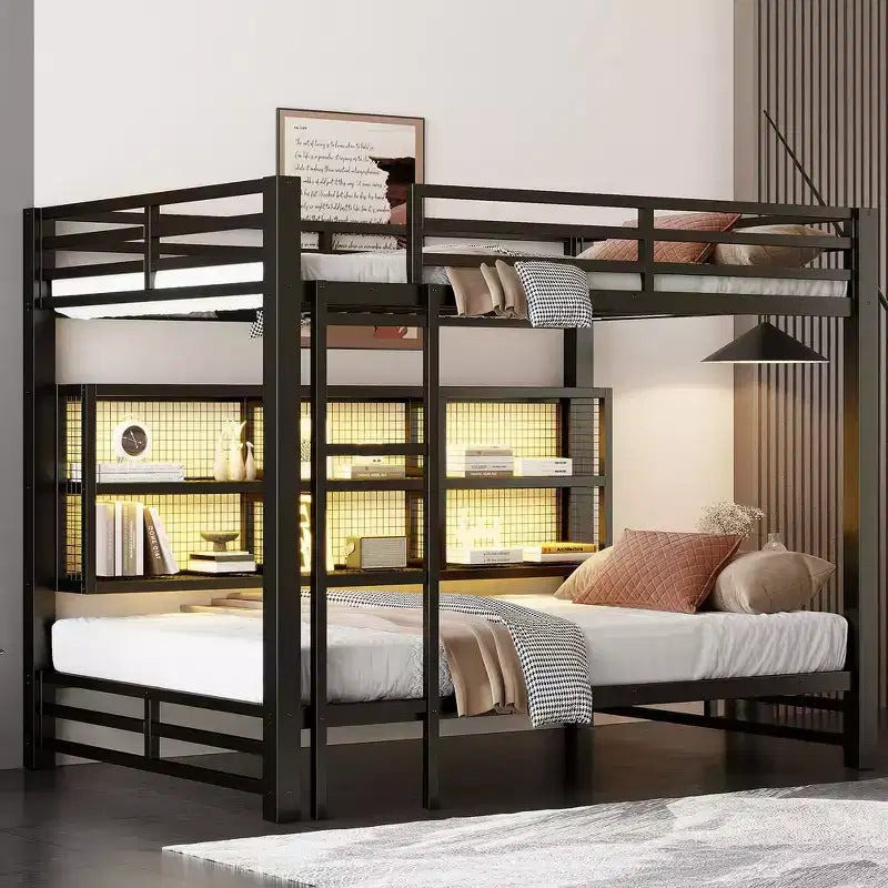 Metal Queen over Queen Bunk Bed with Storage Cabinets, LED Lighting and Guard Rails - Black
