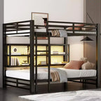 Metal Queen over Queen Bunk Bed with Storage Cabinets, LED Lighting and Guard Rails - Black