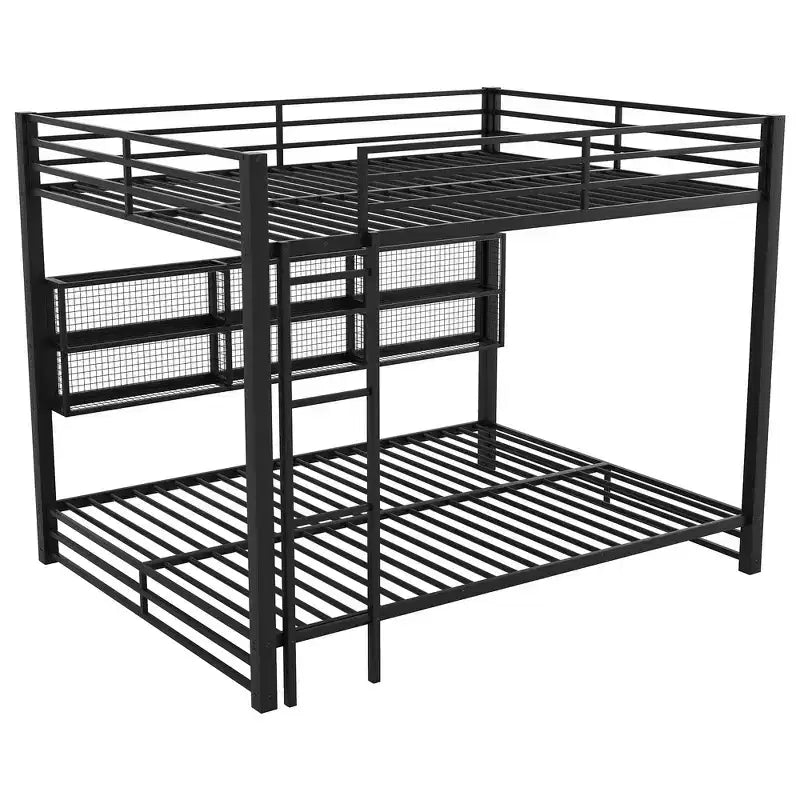 Metal Queen over Queen Bunk Bed with Storage Cabinets, LED Lighting and Guard Rails - Black