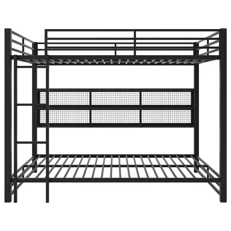 Metal Queen over Queen Bunk Bed with Storage Cabinets, LED Lighting and Guard Rails - Black