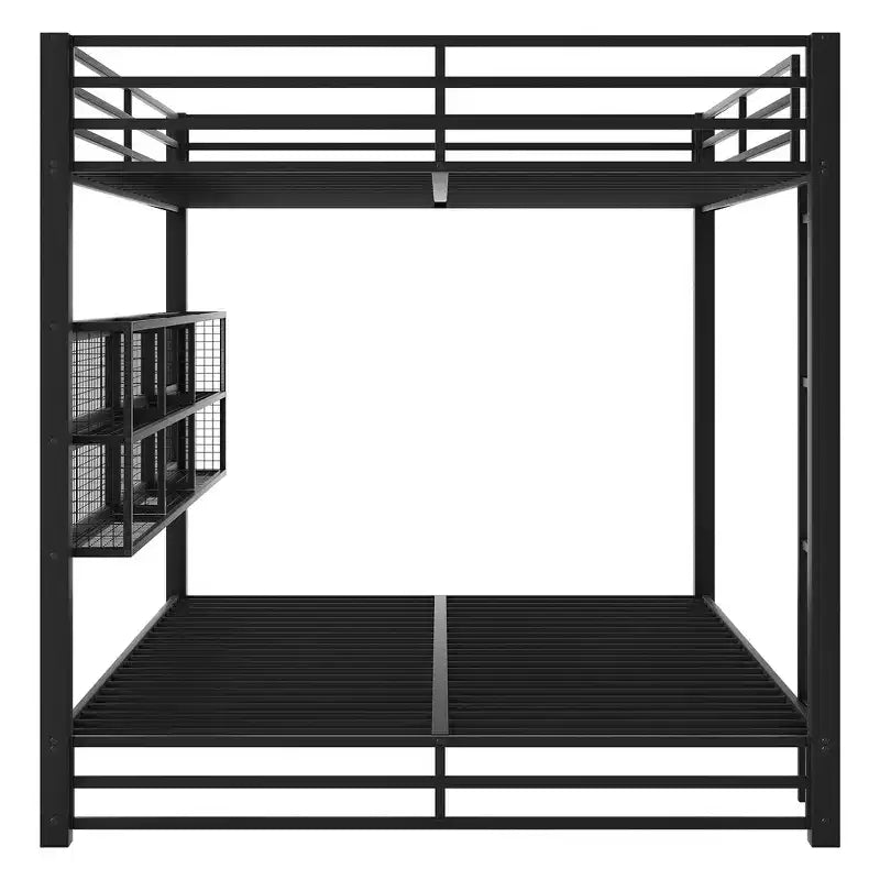 Metal Queen over Queen Bunk Bed with Storage Cabinets, LED Lighting and Guard Rails - Black