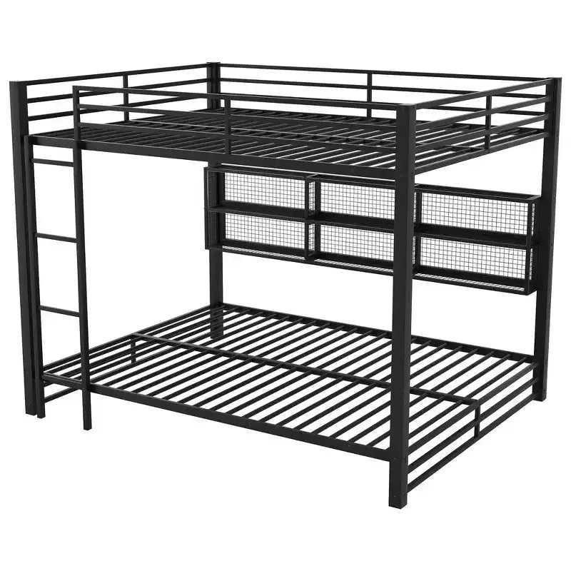 Metal Queen over Queen Bunk Bed with Storage Cabinets, LED Lighting and Guard Rails - Black