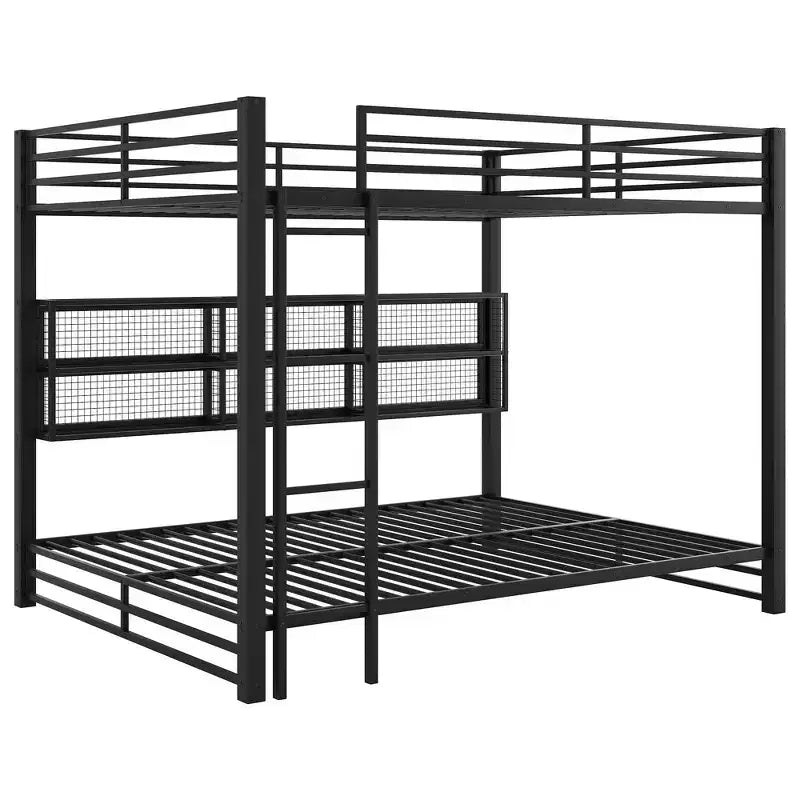 Metal Queen over Queen Bunk Bed with Storage Cabinets, LED Lighting and Guard Rails - Black