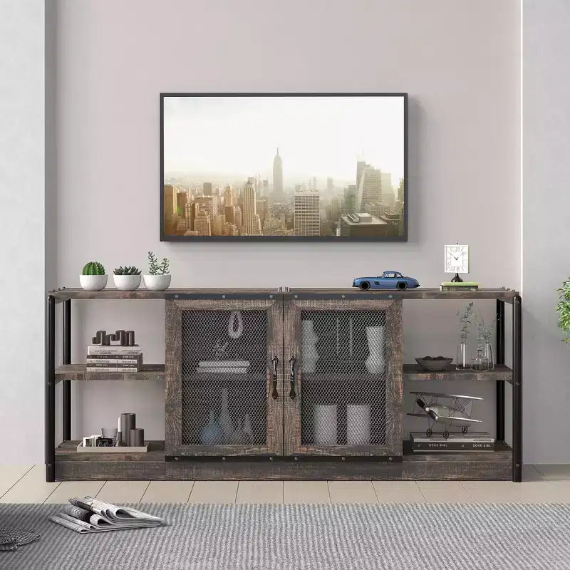TV Stand with Mesh Doors and Metal Frame