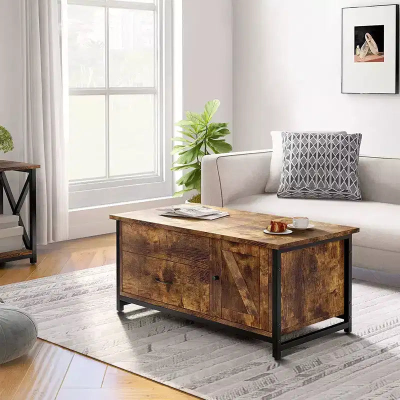 Lift Top Coffee Table with Hidden Storage, Drawers & Side Cabinet – Brown