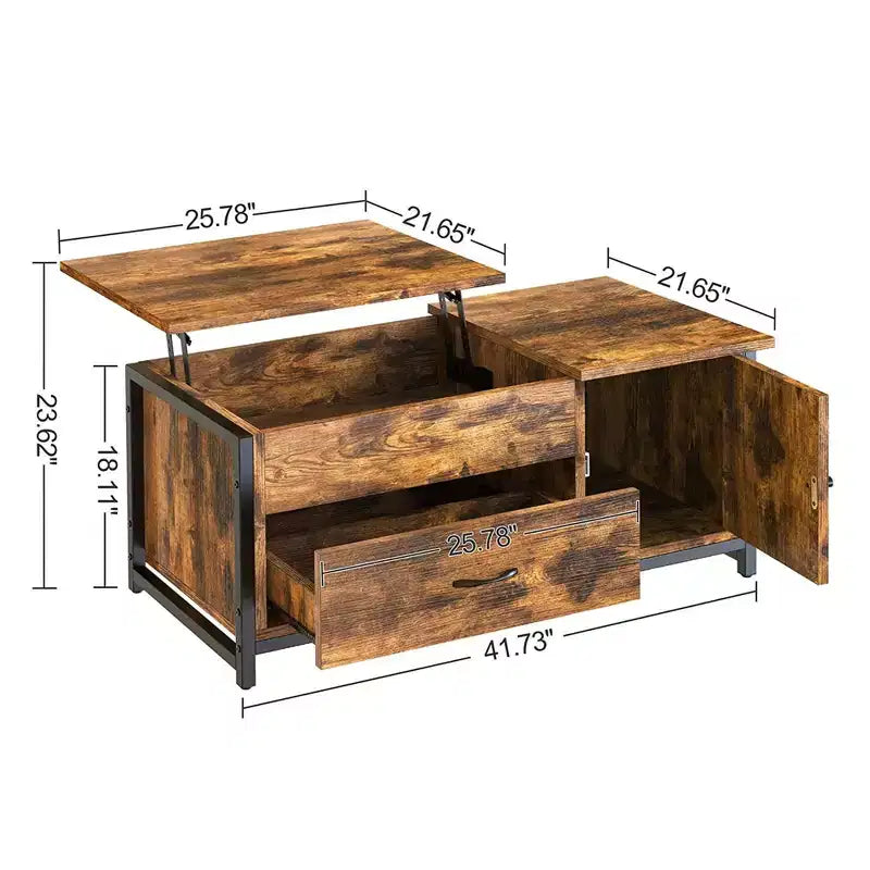 Lift Top Coffee Table with Hidden Storage, Drawers & Side Cabinet – Brown