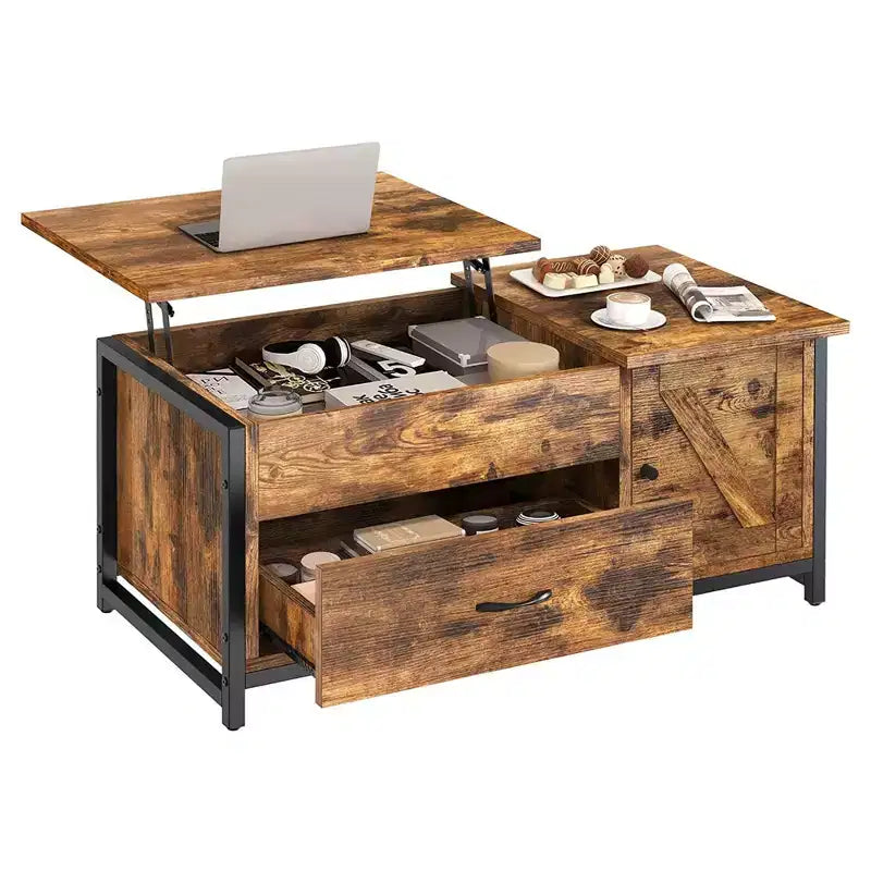 Lift Top Coffee Table with Hidden Storage, Drawers & Side Cabinet – Brown